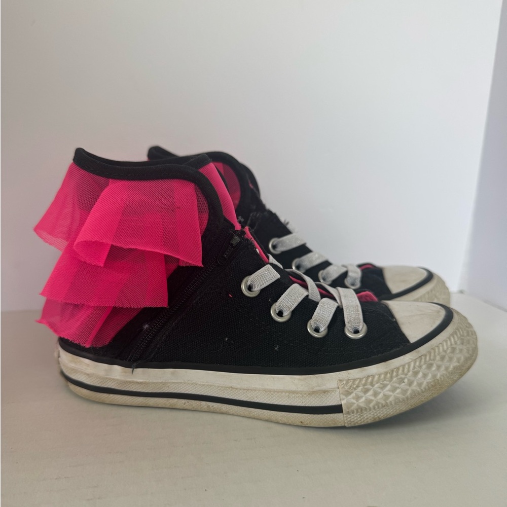 Converse Black and Pink High-Top Sneakers with Ruffled Detail youth size 11 kids